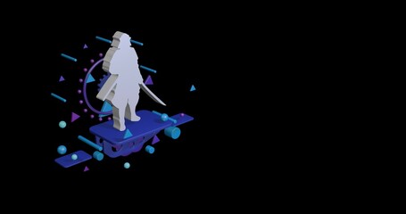 Poster - White samurai symbol on a pedestal of abstract geometric shapes floating in the air. Abstract concept art with flying shapes on the left. 3d illustration on black background