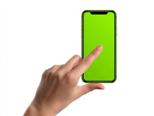 Poster - Female hand touching a modern smartphone with a green screen, isolated against white backdrop