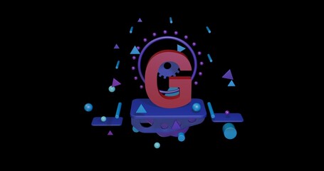 Poster - Red capital letter G symbol on a pedestal of abstract geometric shapes floating in the air. Abstract concept art with flying shapes in the center. 3d illustration on black background