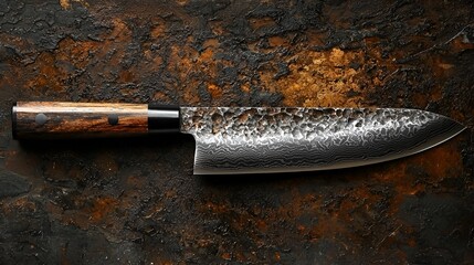 Hammered textured chef's knife on rustic background.