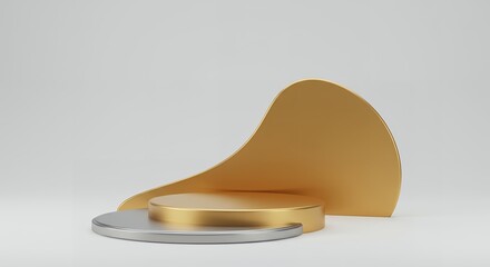 Poster - 3D render of golden podium with metallic silver base and abstract gold backdrop, minimalist geometric design for product presentation or display with empty space.