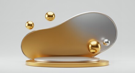 Poster - Abstract golden and silver 3D render of a product display stage with floating metallic spheres against a soft, elegant backdrop for showcasing merchandise.