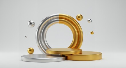 Poster - Abstract golden and silver 3D rendering of a podium with a ring and spheres, showcasing luxury, elegance, and a minimalist design on a white background.