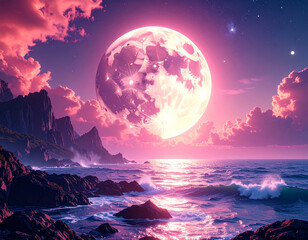 Wall Mural - breathtaking landscape featuring large, luminous pink moon illuminating serene ocean scene. rocky co