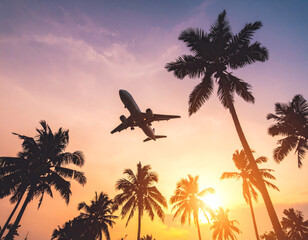 Wall Mural - stunning airplane soaring above palm trees at sunset, creating picturesque scene filled with vibrant colors and sense of adventure. warm hues of sky enhance beauty of moment