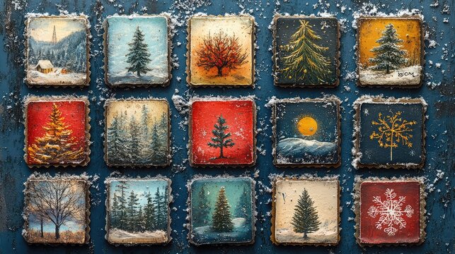 Rows of glittery winter stamps showcasing sparkling snow effects, icy blue backgrounds, and festive symbols