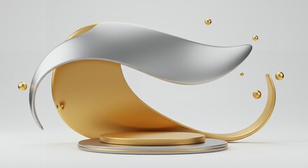 Poster - Elegant 3D render of a gold and silver abstract design with floating spheres, perfect for presentations, awards, and luxury concepts on a light backdrop.