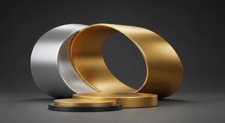 Poster - Elegant 3D Render of Gold and Silver Rings Intersecting with Podium Display on a Dark Gray Background, Perfect for Product Presentation and Advertising