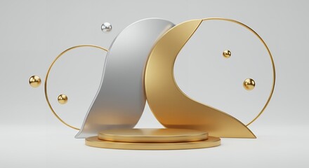 Poster - Elegant 3D render of abstract golden and silver shapes with a pedestal, spheres, and circles against a soft, neutral background showcasing luxury and design