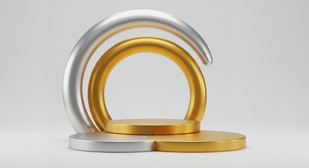Poster - Elegant gold and silver 3D rendering of a product display, featuring a circular podium and arch elements, perfect for showcasing items.