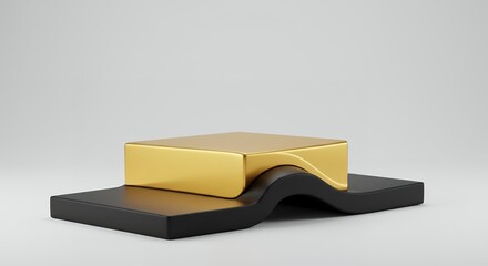 Poster - Elegant golden cube display on a sleek black pedestal against a neutral background, showcasing modern design and sophisticated aesthetics. Ideal for product presentation.