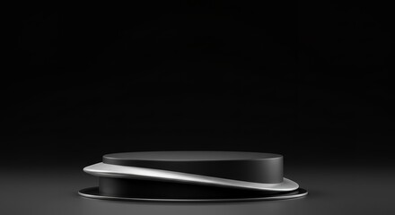 Poster - Minimalist 3D rendered black podium with a silver wave design, showcasing a product or concept against a dark backdrop, offering elegance and sophistication.