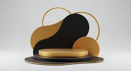 Poster - Luxurious golden podium with geometric shapes in black and gold, perfect for product display and showcasing elegance in a modern style.