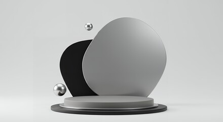 Poster - Minimalist 3D rendering featuring a sleek gray podium, black and gray abstract shapes, and floating silver spheres, perfect for product display