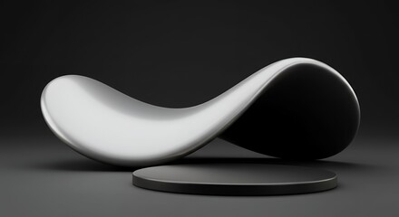 Poster - Minimalist 3D rendering of an abstract metallic infinity shape and a black platform against a dark gray backdrop, simple and elegant.