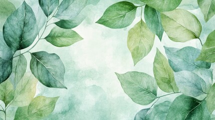 Poster - Watercolor painting of green leaves on a light teal background.