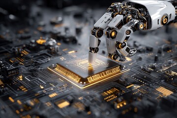 Poster - Robotic arm interacting with central processor, future technology concept