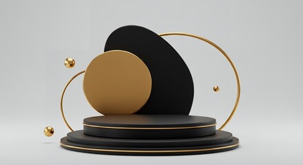 Poster - Elegant 3D render of a geometric product display platform with black and gold elements, perfect for showcasing items on a minimalist background.