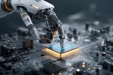 Poster - Advanced technology integration: Robotic arm interacting with a sophisticated CPU
