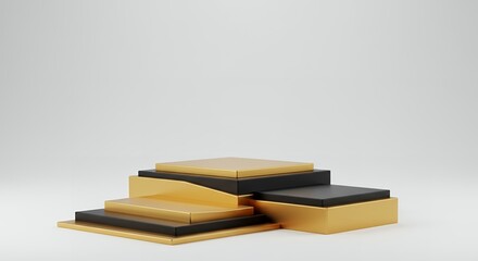 Poster - Elegant 3D Render of a Gold and Black Geometric Podium Displaying a Product or Object with a Clean, Minimalist and Modern Aesthetic on a White Background