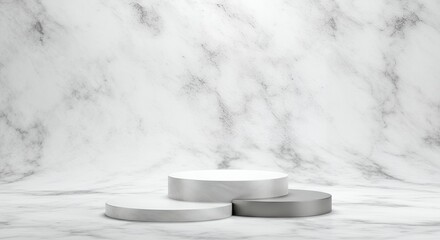 Poster - Elegant 3D Render of Circular Podium Display Against a Luxurious White Marble Background for Product Presentation, Showcase, and Advertisement Purposes