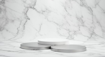Poster - Elegant 3D Render of Minimalist Product Display Platforms Against a Luxurious Marble Background for Product Presentation and Promotion