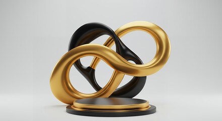 Poster - Elegant abstract golden and black infinity sculpture on a minimalist pedestal, representing concepts of eternity, luxury, and design against a neutral background.