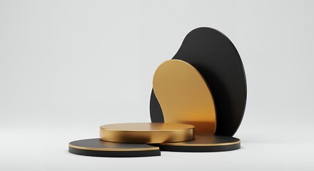Poster - Elegant golden podium display with black accents, perfect for product presentation, showcasing luxury, minimalist design, and sophistication on a clean white background
