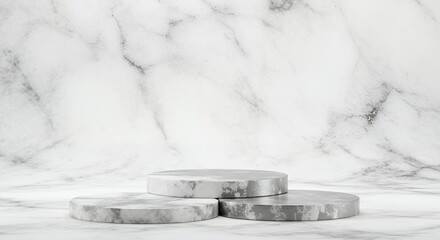 Poster - Elegant marble podium display for product presentation or advertising against a white marble background, showcasing luxurious design and minimalist aesthetic