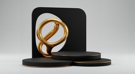 Poster - Elegant minimalist golden knot sculpture with a black podium and backdrop arrangement, studio shot in a soft light setting, 3D render