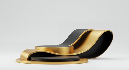 Poster - Modern 3D rendered golden and black podium stage design with curved elements, showcasing product display against a clean white background for promotional purposes.