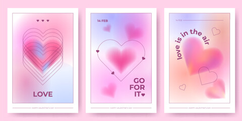 Poster - Groovy Valentine Day banners set with blurry aura hearts. Vector illustration of y2k aesthetic posters with gradient love symbols in pastel pink color, doodle elements and frame, trendy holiday cards