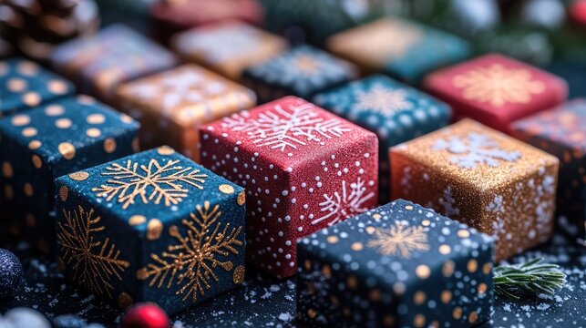 Rows of glittery winter stamps showcasing sparkling snow effects, icy blue backgrounds, and festive symbols