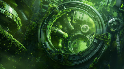Wall Mural - Innovative green alloy process for sustainable industrial ecosystems with sleek design elements. [Verdant Mechanica] | Chloroforge Vault | green alloy. Illustration