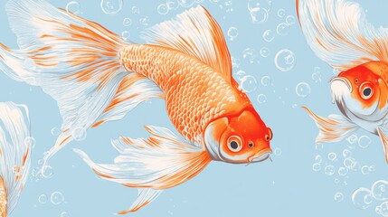 Aufkleber - Three vibrant orange and white goldfish swim gracefully in a light blue aquatic environment, surrounded by bubbles.