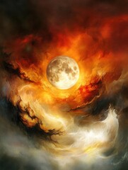 Wall Mural - full moon in swirling orange clouds, abstract celestial art, fantasy landscape, glowing orb, etherea