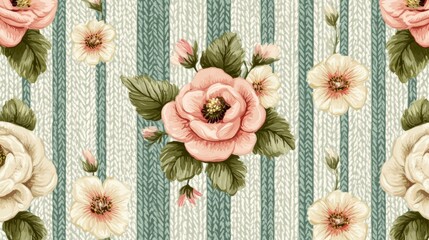 Poster - Seamless pattern with pink and white roses on a knitted textured background.