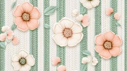 Poster - Pastel flowers on a knitted striped background.
