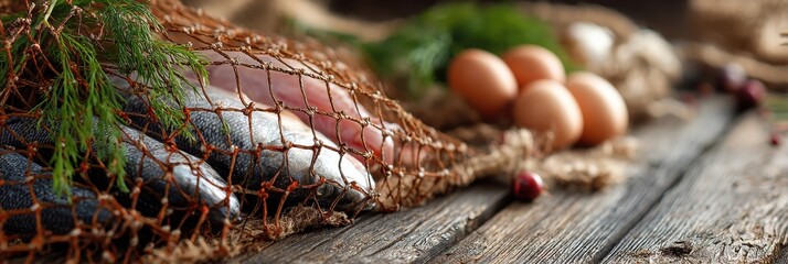 Aufkleber - Rustic Netting Displays Freshly Caught Fish and Eggs on a Wooden Table in a Soft Blur Setting, Capturing the Essence of a Coastal Culinary Tradition