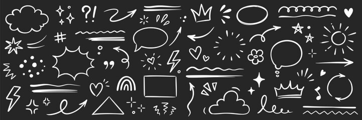 Poster - Line hand drawn brush marker arrow, heart, crown element set on chalkboard. Hand drawn sketch marker underline kid color shape, arrow, star scribble brush pen stroke doodle icon. Vector illustration