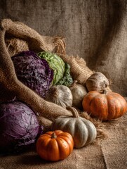 Poster - Colorful Autumn Vegetables Arranged With Burlap Backdrop Highlighting Seasonal Harvest