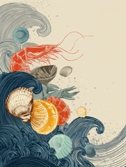 Poster - Colorful Abstract Waves Featuring Shrimp and Shellfish Icons Creating a Lively Marine Scene With an Open Middle Area for Custom Text