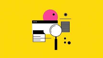 Poster - Minimalist illustration of a web page, magnifying glass, and abstract shapes on a bright yellow background, symbolizing search and analysis.