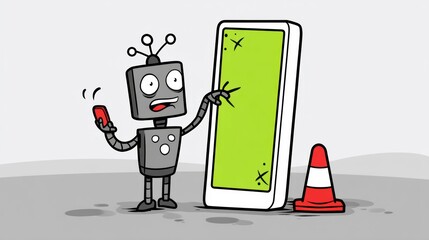 Poster - A cartoon robot stands beside a giant smartphone with a cracked screen and a warning cone, holding a small red device.