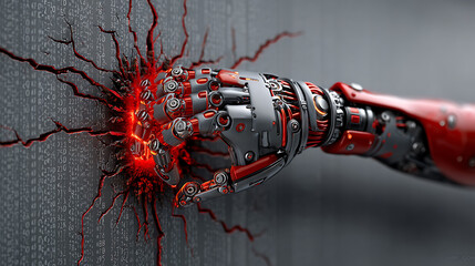 Poster - Futuristic robotic hand cracking code cyber environment digital art high-tech close-up view innovation concept
