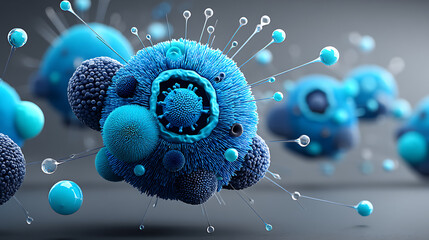 Poster - Microbial action in blue scientific environment 3d illustration digital art abstract viewpoint focus on microorganisms