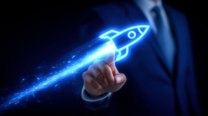 Poster - A businessman in a suit touches a glowing digital rocket, symbolizing innovation, startup growth, and futuristic technology.