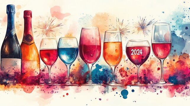 Multiple rows of colorful New Year-themed stamps featuring fireworks, champagne glasses, and 
