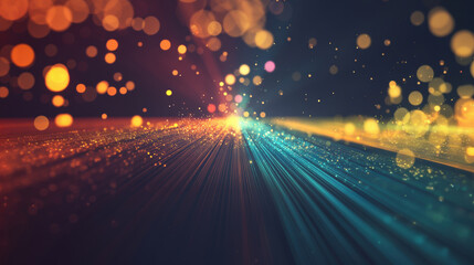 Poster - A dynamic explosion of glowing light rays and bokeh sparkles in teal, gold, and red tones, full of motion and energy.