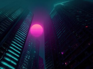 Poster - Neon cityscape at night with retro futuristic sun